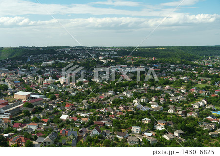 A high-angle panoramic view of the cityscape of Chortkiv in western Ukraine. 143016825