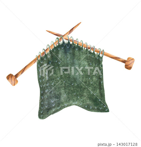 Green knitted fabric on wooden needles hand drawn watercolor art. Cozy element for knitting tutorials, learn to knit guides, instructional books, educational craft blog, accessory for handmade pattern Green knitted fabric on wooden needles hand drawn watercolor art. Cozy element for knitting tutorials, learn to knit guides, instructional books, educational craft blog, accessory for handmade pattern 143017128