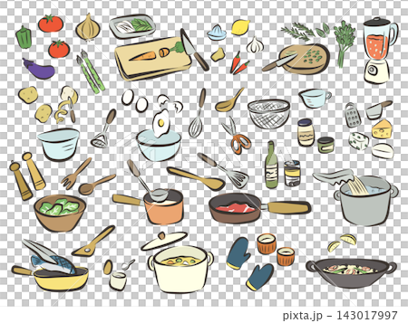 A set of hand-drawn illustrations of cooking utensils and ingredients. A set of hand-drawn illustrations of cooking utensils and ingredients. 143017997