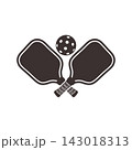 Pickleball vector icon featuring two crossed paddles and a perforated ball isolated on a clean white background, perfect for sports design and logos 143018313