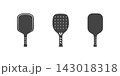 Set of pickleball paddle icons in dark silhouette style, featuring different racket shapes and wrapped handles for sports and recreation design 143018318