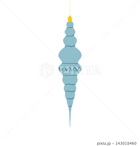 Blue icicle Christmas ornament hanging on yellow string against white background 143018460