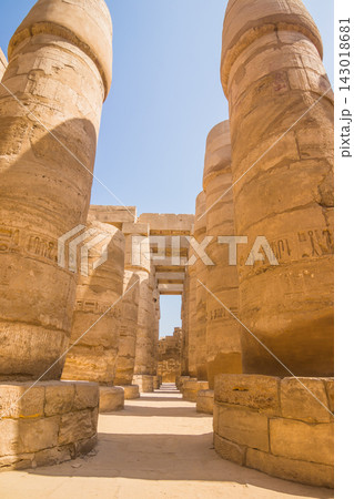 Row of weathered sandstone columns in an ancient Egyptian temple Row of weathered sandstone columns in an ancient Egyptian temple 143018681