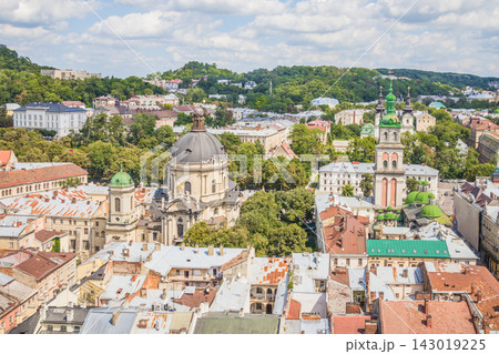 View of historical old city district of Lviv, Ukraine. Old buildings and courtyards in historic Lviv 143019225