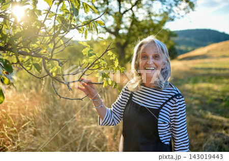 Senior woman enjoying gentle outdoor activity and connection with nature. 143019443
