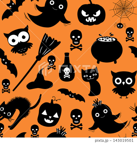 Cute Halloween vector seamless pattern with ghosts, cats and pumpkins on orange background color for scrapbooking and invitations Cute Halloween vector seamless pattern with ghosts, cats and pumpkins on orange background color for scrapbooking and invitations 143019501