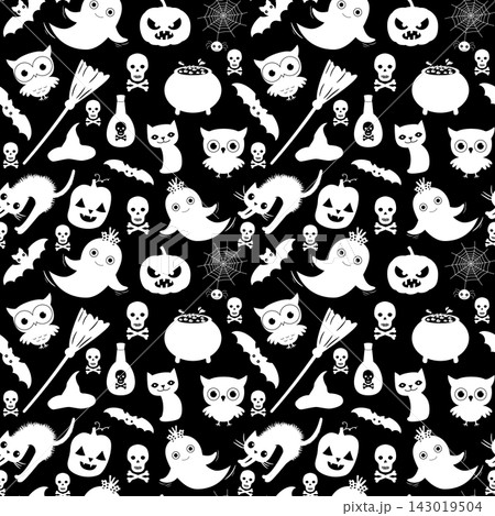 Cute black and white vector seamless Halloween pattern in flat style with cartoon animals and objects for scrapbooking, backgrounds and paper wrapping 143019504
