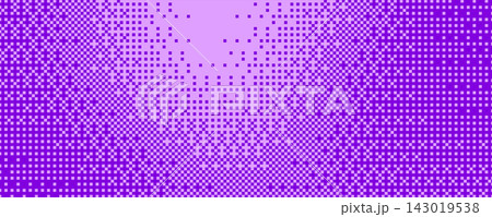 Pixel bitmap texture with 8-bit halftone effects. Abstract purple pixelated dither pattern. Horizontal noise geometric print wallpaper with gritty particles and spot transition. Vector illustration. 143019538