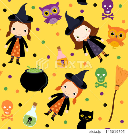 Cute Halloween pattern with girl witch, cats, owls on yellow background for seasonal backgroinds 143019705