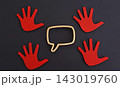 Red stop hands surrounding an empty speech bubble for censorship and restricted communication. 143019760
