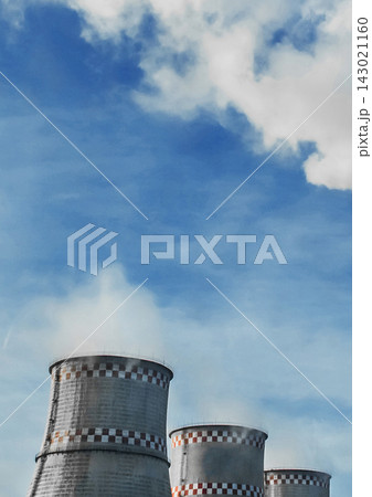 Cooling tower and smoke of an industrial plant or thermal power plant against a blue sky Cooling tower and smoke of an industrial plant or thermal power plant against a blue sky 143021160