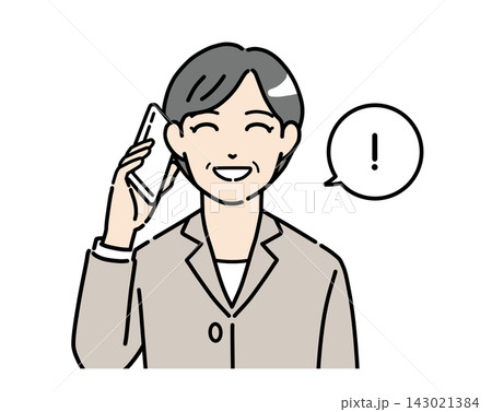 笑顔でスマホで電話するスーツを着たミドル女性のイラスト 143021384