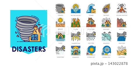 Color natural disasters and cataclysm line icons 143022878
