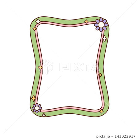 Groovy Y2K retro frame with wavy borders, flowers Groovy Y2K retro frame with wavy borders, flowers 143022917