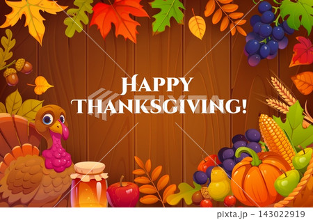 Happy Thanksgiving day banner with cartoon turkey Happy Thanksgiving day banner with cartoon turkey 143022919