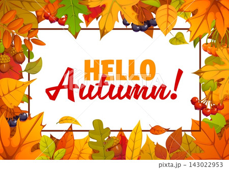 Hello autumn seasonal poster surrounded by leaves 143022953