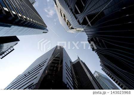 Worm Eye View Modern Skyscrapers Wavy Facade Singapore CBD 143023968