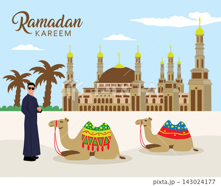 Ramadan Kareem greeting card. Muslim man with camel and mosque in background. Vector illustration 143024177