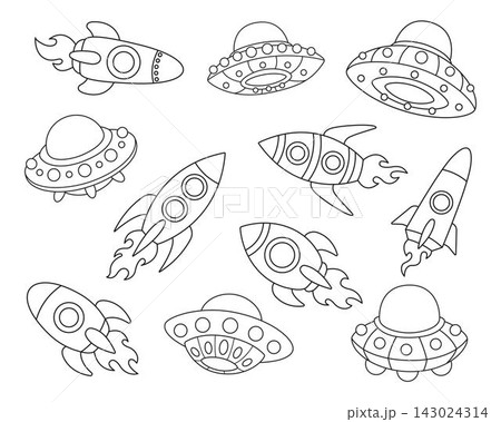 Set of cartoon space rockets and UFO flying saucers coloring page for kids isolated on white background. 143024314