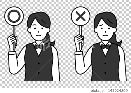 A female restaurant employee holding up a sign with a circle and an X mark. A female restaurant employee holding up a sign with a circle and an X mark. 143024809