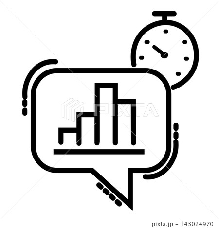 Data analysis and time management concept vector illustration featuring a bar chart graphic inside a speech bubble and a stopwatch icon in minimalist black line art style, perfect for business perform 143024970