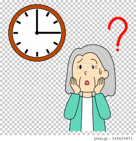 An illustration of an elderly woman who doesn't know the time. An illustration of an elderly woman who doesn't know the time. 143024971