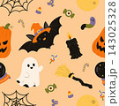 Halloween seamless pattern with witch bat, pumpkins, ghost, candy and spooky decorations 143025328