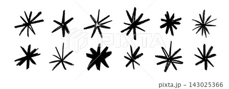 Hand drawn star shapes collection. Black brush stroke sparkle sketches set. Vector abstract magic shine pack. Kid crayon twinkle asterisk doodles bundle for sticker, collage, poster, sticker, label 143025366