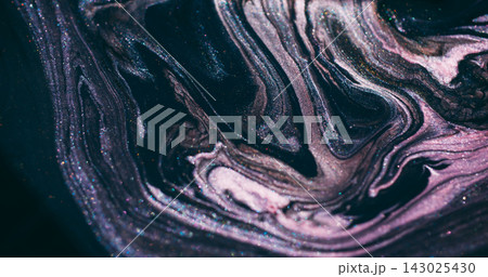Paint spill. Marble fluid. Blur purple pink color glitter mix sparkling texture floating on abstract art background. 143025430