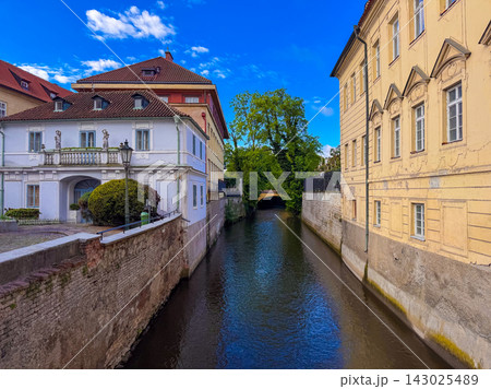 Canals flow between colorful buildings in Prague. Mala Strana or Lesser Town. Canals flow between colorful buildings in Prague. Mala Strana or Lesser Town. 143025489