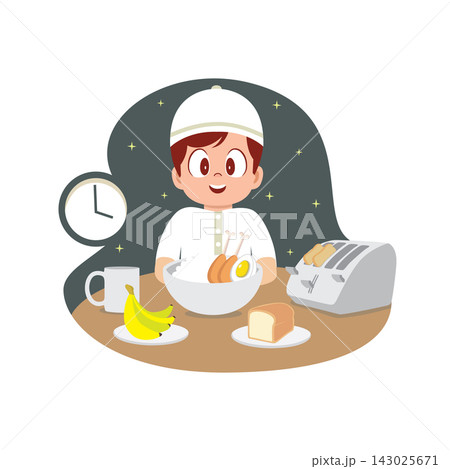 Happy Boy Having Suhoor Before Fasting Begins 143025671