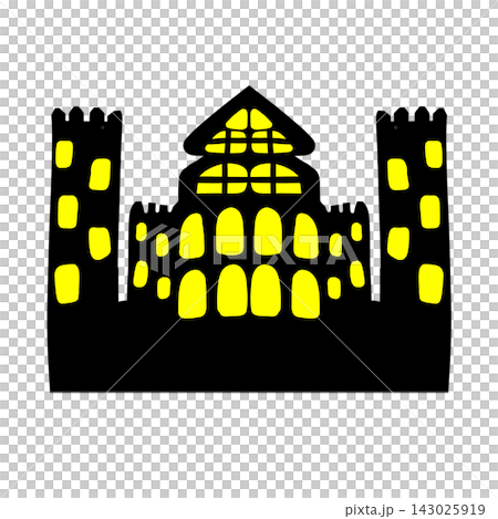 Yellow Haunted Castle With Glowing Windows 143025919