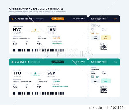 Commercial airline boarding pass templates with detachable stubs 143025934
