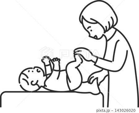赤ちゃんのオムツ替えをするお母さんのイラスト　線画のみ 143026020