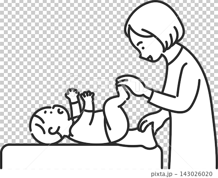 An illustration of a mother changing her baby's diaper (line drawing only). An illustration of a mother changing her baby's diaper (line drawing only). 143026020