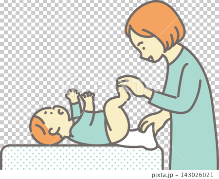 An illustration of a mother changing her baby's diaper. An illustration of a mother changing her baby's diaper. 143026021