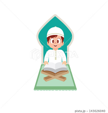 He is sitting on a prayer mat with a cheerful expression while reading 143026040
