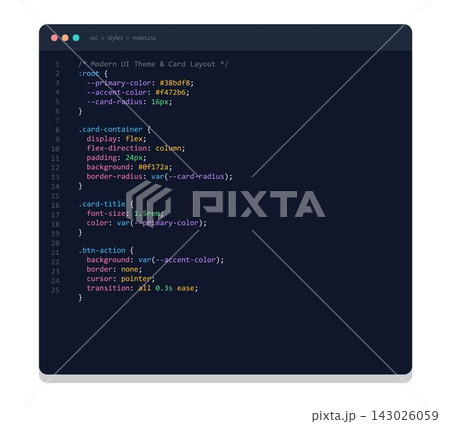 CSS stylesheet code editor interface showing UI theme variables and card layout styling CSS stylesheet code editor interface showing UI theme variables and card layout styling 143026059