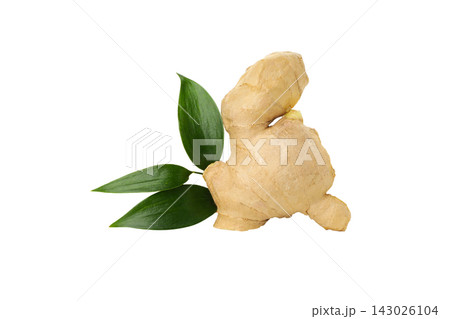 Ginger root with green leaves on a surface, isolated, PNG Ginger root with green leaves on a surface, isolated, PNG 143026104
