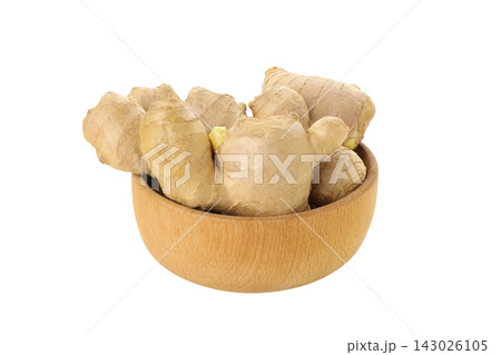 Ginger root in a wooden bowl for cooking, isolated, PNG Ginger root in a wooden bowl for cooking, isolated, PNG 143026105