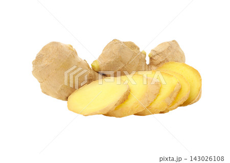 Ginger roots and slices placed together on a surface, isolated, PNG Ginger roots and slices placed together on a surface, isolated, PNG 143026108