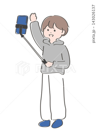 自撮り棒で撮影をする動画配信者の男性のイラスト 自撮り棒で撮影をする動画配信者の男性のイラスト 143026137