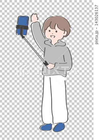 一幅男性視訊主播使用自拍棒拍攝的插圖。 143026137