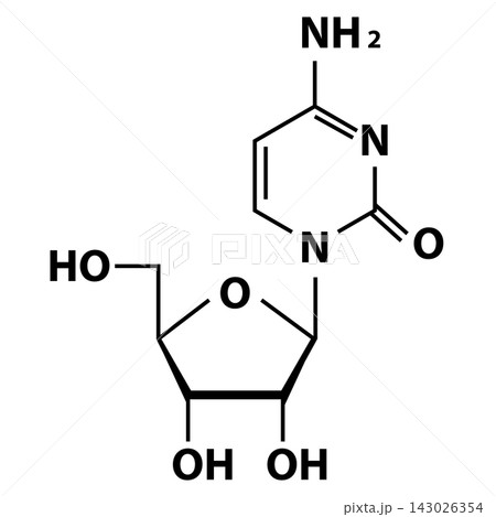 Structural chemical formulas of Cytidine molecule. Cytidine skeletal structure schematic. Nucleoside molecule. flat style. 143026354