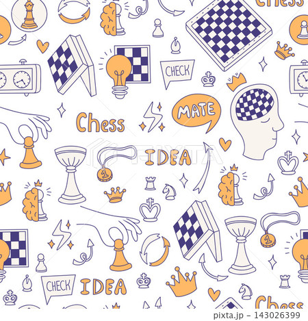 Chess Business Strategy Seamless Pattern Doodle. Smart Idea Mind Brain Pawn Light Bulb Trophy Clock Board on White Background. Vector Illustration. Line Art Texture for Fabric Packaging Merch Design 143026399