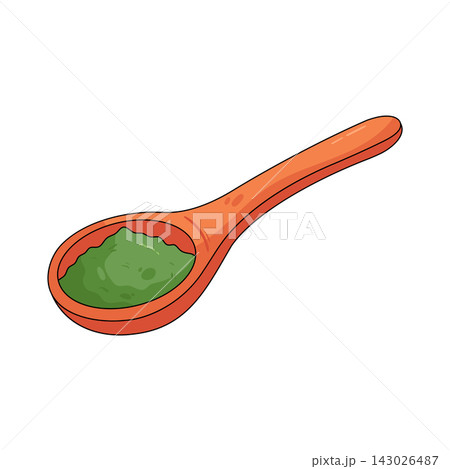 Illustration of wooden spoon with matcha powder Illustration of wooden spoon with matcha powder 143026487