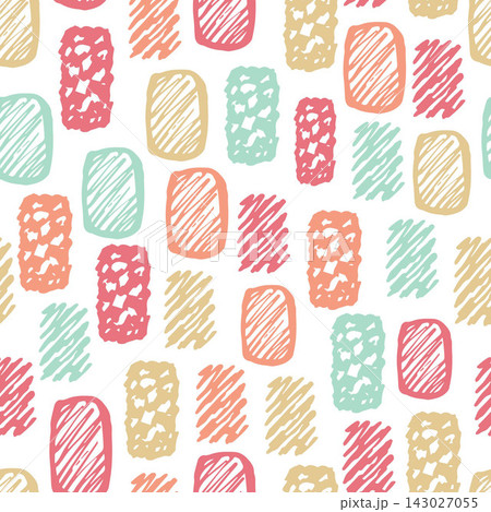 Hand-drawn abstract geometric vector seamless pattern in pastel colors. Rectangular shapes, pink, beige on a white background. For children's clothing prints, fabrics, packaging. Hand-drawn abstract geometric vector seamless pattern in pastel colors. Rectangular shapes, pink, beige on a white background. For children's clothing prints, fabrics, packaging. 143027055