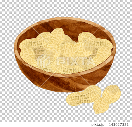 木製の器に盛った殻付きの落花生(ピーナッツ) 手描き水彩イラスト素材 木製の器に盛った殻付きの落花生(ピーナッツ) 手描き水彩イラスト素材 143027321