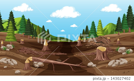 Vector Illustration of a Forest Landscape with Beaver Dam and Stumps Vector Illustration of a Forest Landscape with Beaver Dam and Stumps 143027402