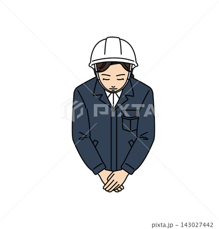 ヘルメットとネイビー作業着を着用して丁寧にお辞儀や謝罪をする女性上司イラスト 143027442